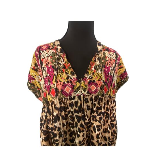 THML Embroidered Boho Top Small Leopard Print Mixed Pattern Tassel Blouse Artsy - Picture 3 of 11